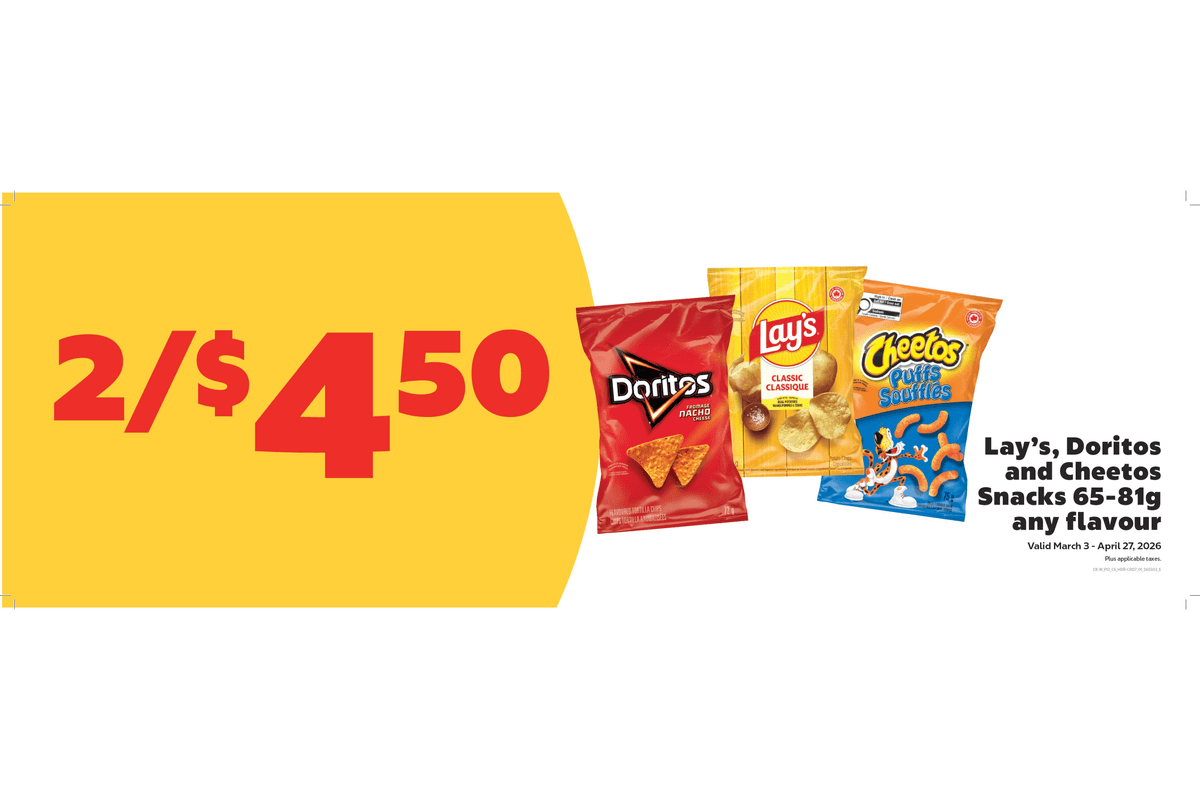 Lay's, Doritos, Cheetos (65-81 g) - 2 for $4.50