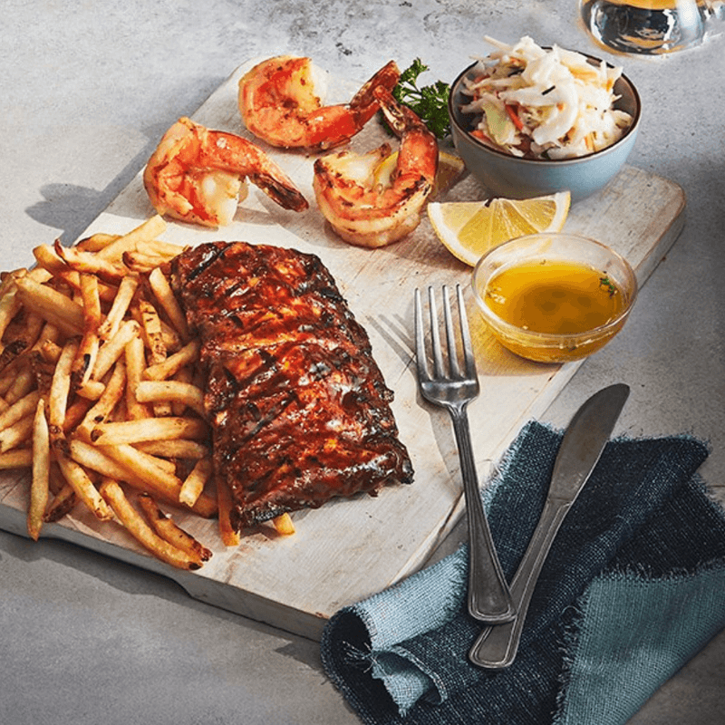 Full rack and sautéed tiger shrimps / Côte complète et crevettes tigrées sautées