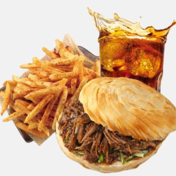 F2 Combo Smoking Hot Rockin' Fries+ peking duck burger +Pop F2套餐油泼辣子薯条+老北京鸭肉馍+饮料