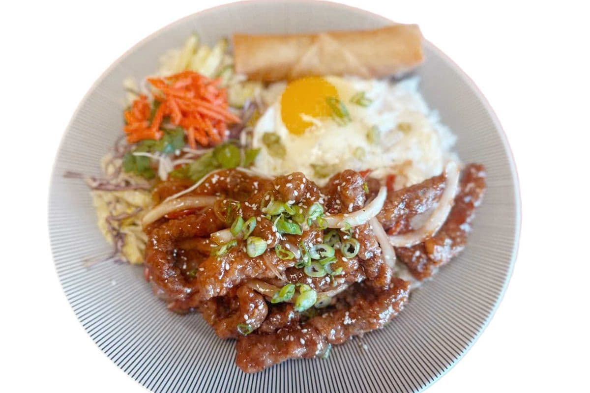 Ginger Beef with Spring roll, Salad, Egg on rice