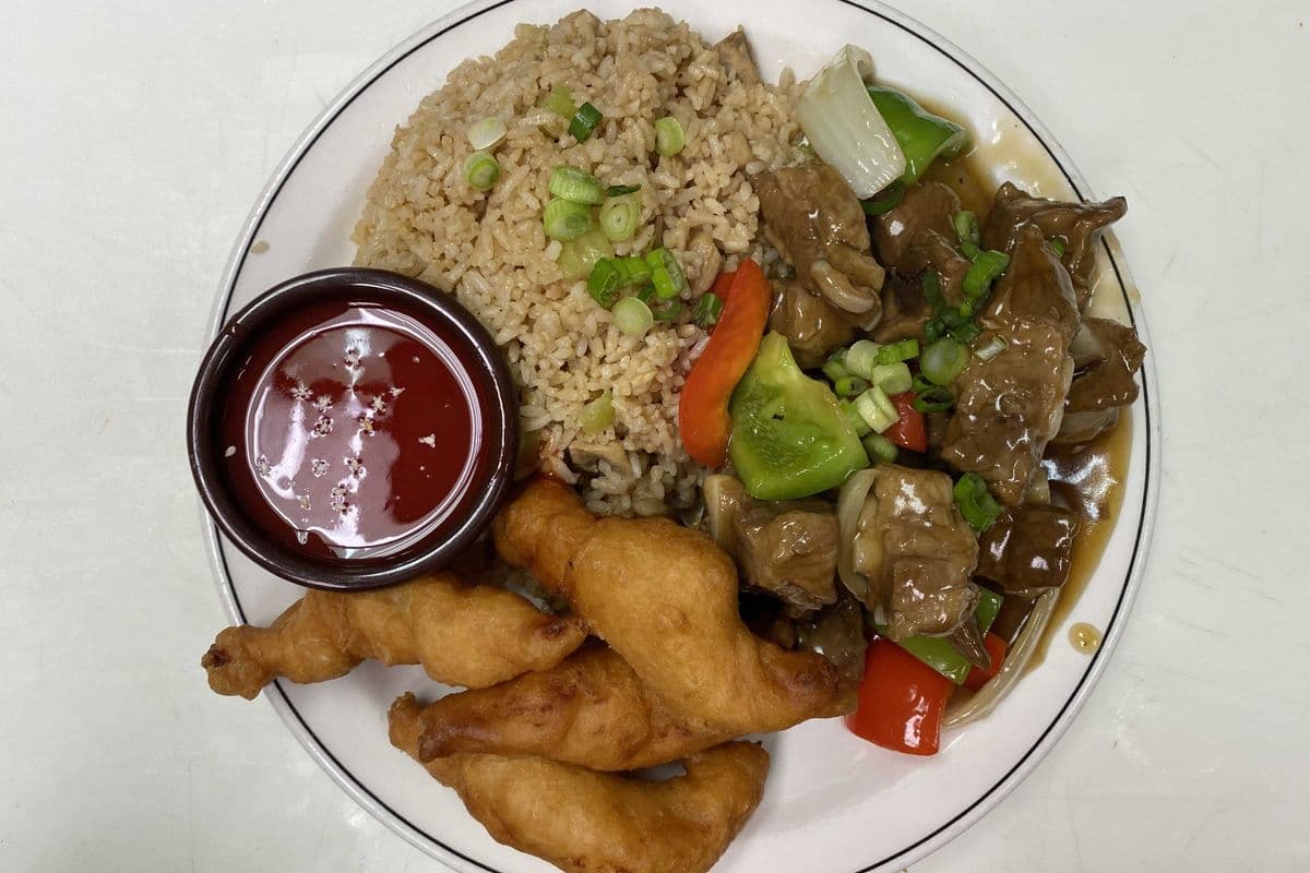 15. Chicken Fried Rice, Garlic Spareribs, and Sweet & Sour Shrimp (4 pieces).