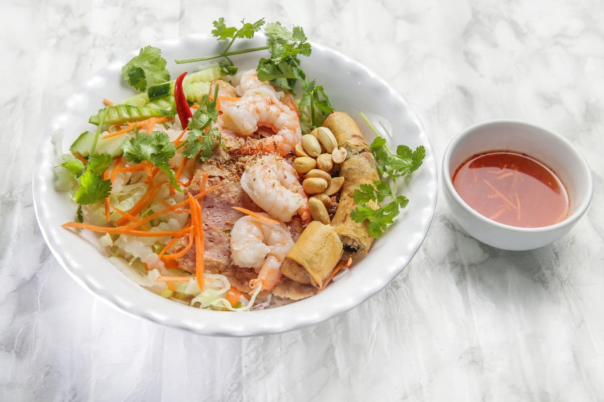 74. Grilled Marinated Pork and Spring Roll with Vermicelli (Bún Nem Nuong, Cha Gi)
