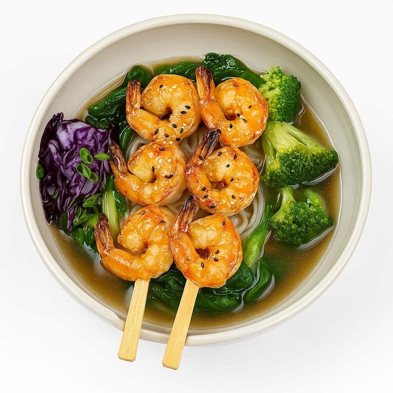 Grilled Shrimp Rice Noodle soup / Soupe de nouilles au riz avec crevettes grillées