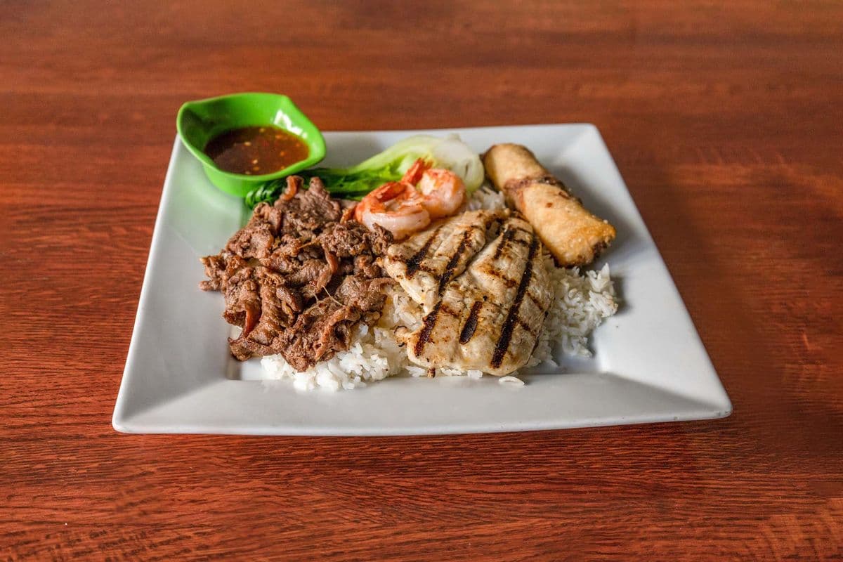 44. Chicken, Beef, Shrimp, and Spring Roll on Rice