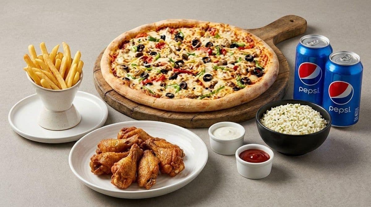 Combo #8 - Pizza Large + 20 ailes ou 25 croquettes + 4 canettes de Pepsi