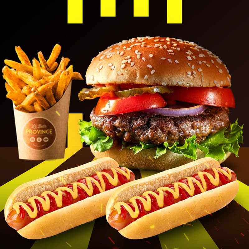 Fiesta 1 : Hamburger,  2 Hot Dog et Frites / Fiesta 1: Hamburger, 2 Hot Dogs and Fries