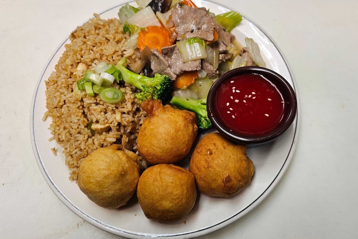 5. Chicken Fried Rice, Sweet-and-Sour Chicken Balls (4 pieces) and Beef Mixed Greens