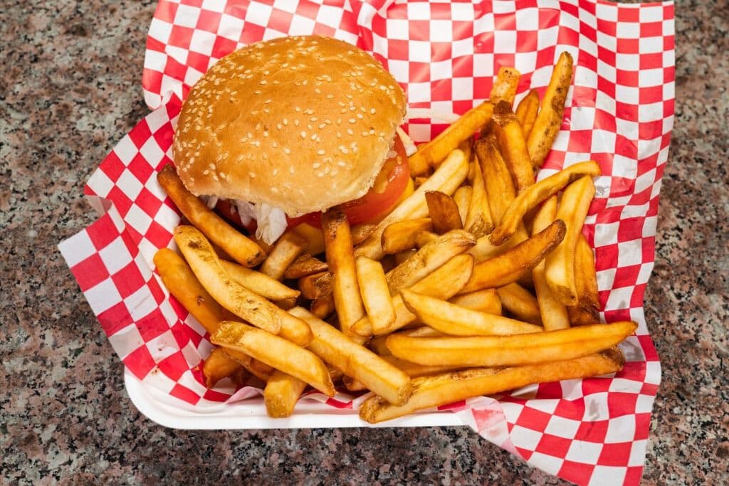 Hot Hamburger Sandwich And Fries