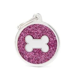 MyFamily Pink Big Glitter Circle White Bone Engraved Tag