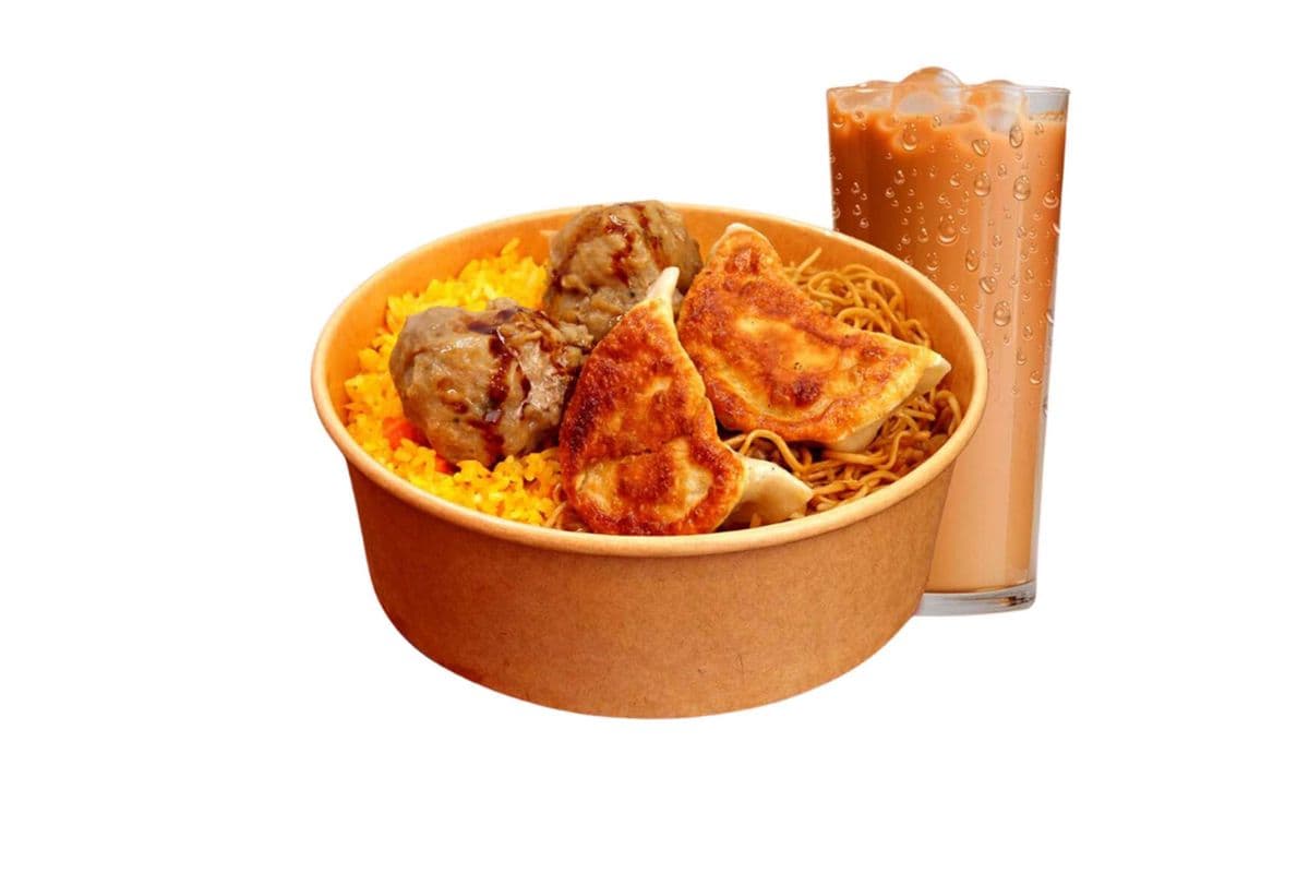 Combo 7 (Beef Ball 2pc, Pot Stickers 2pc, Chow Mein, Fried Rice)