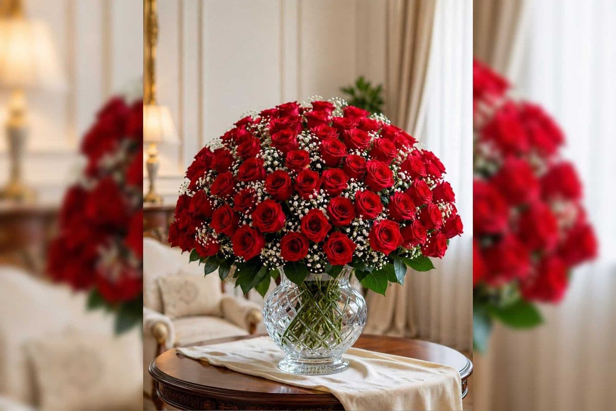 50 Red Roses in a Vase