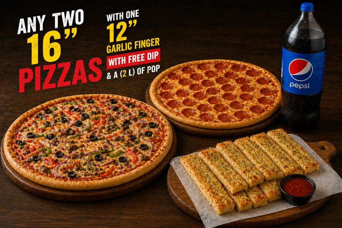Any Two 16" Pizzas with One 12" Garlic Finger with Free Dip and a (2 L) of Pop