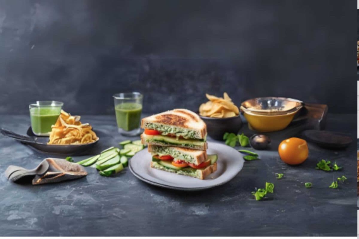 Grilled Chutney Cheese Club Sandwich (served with potato chips)