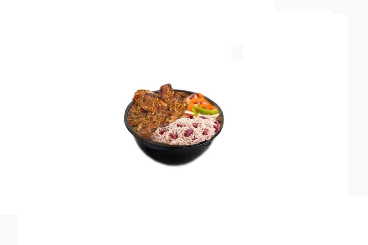 Jerk Chicken with Rice & Peas, and Steamed Veggies