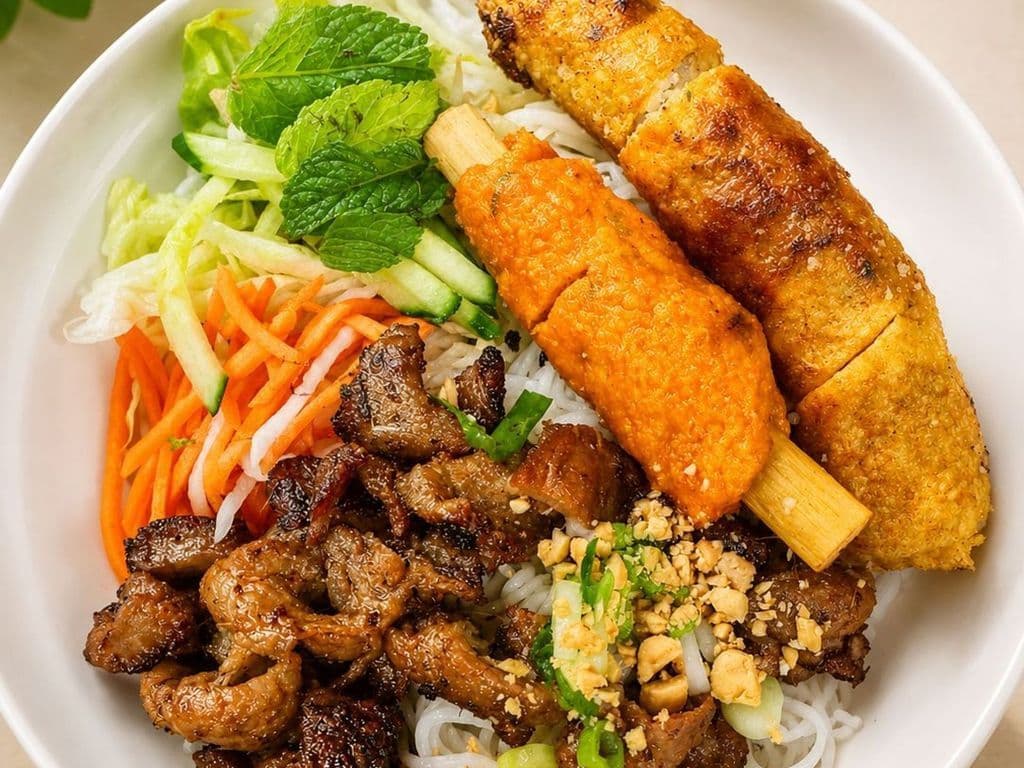 405. Grilled Pork Spring roll and Minced Shrimp on Sugar Cane with Vermicelli Noodles