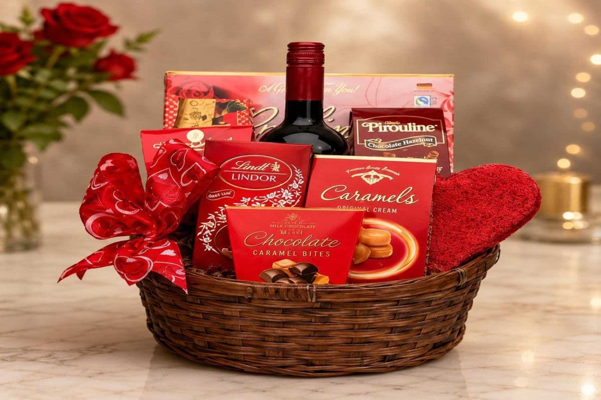 Romance Red Wine & Gourmet Chocolate Basket