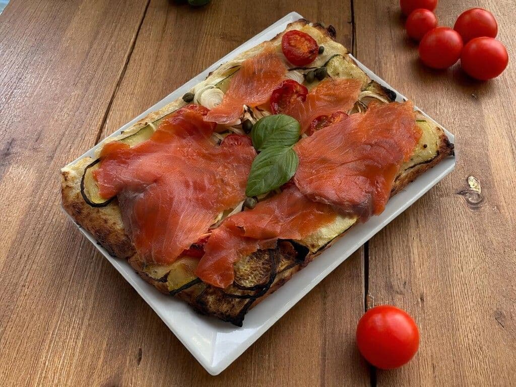 PIZZA SLICE  - SMOKED SALMON , ROASTED ZUCCHINI WHITE SAUCE
