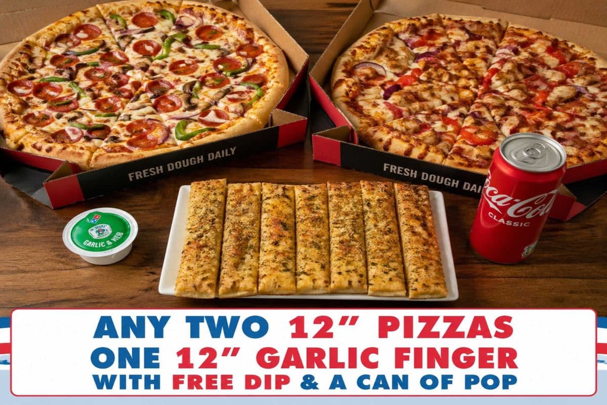 Any Two 12" Pizzas with One 12" Garlic Finger with Free Dip and a Can of Pop