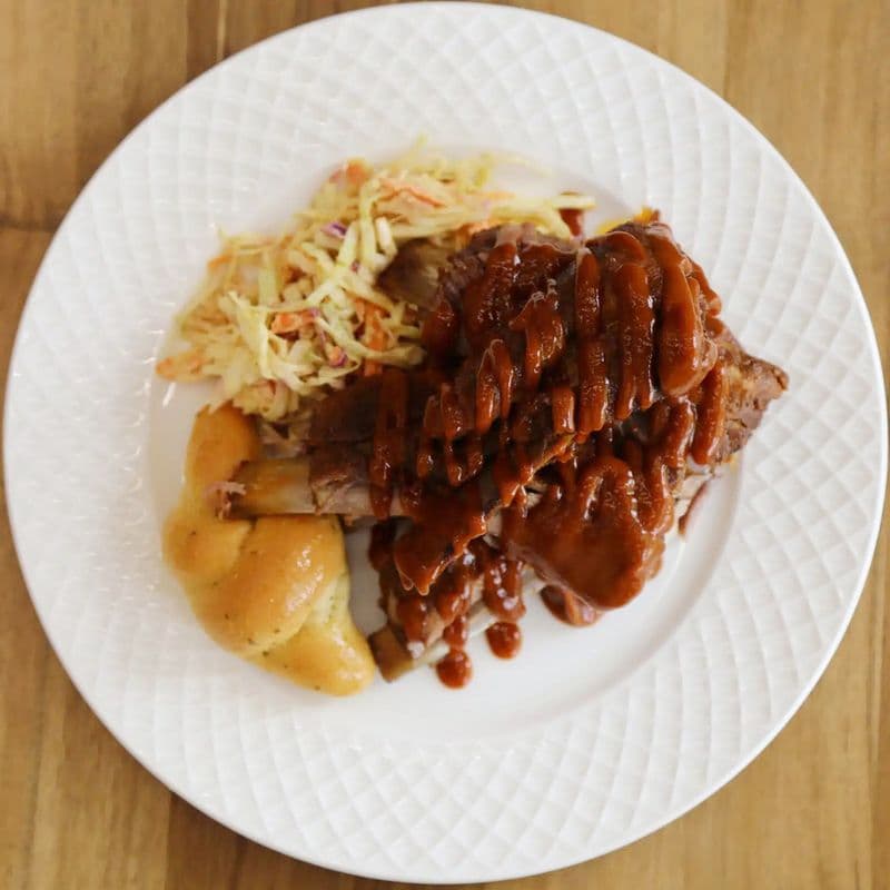 Barbeque Pork Ribs Rack, Yellow Belly Coleslaw, Big Red Barbeque Sauce, Bread Roll