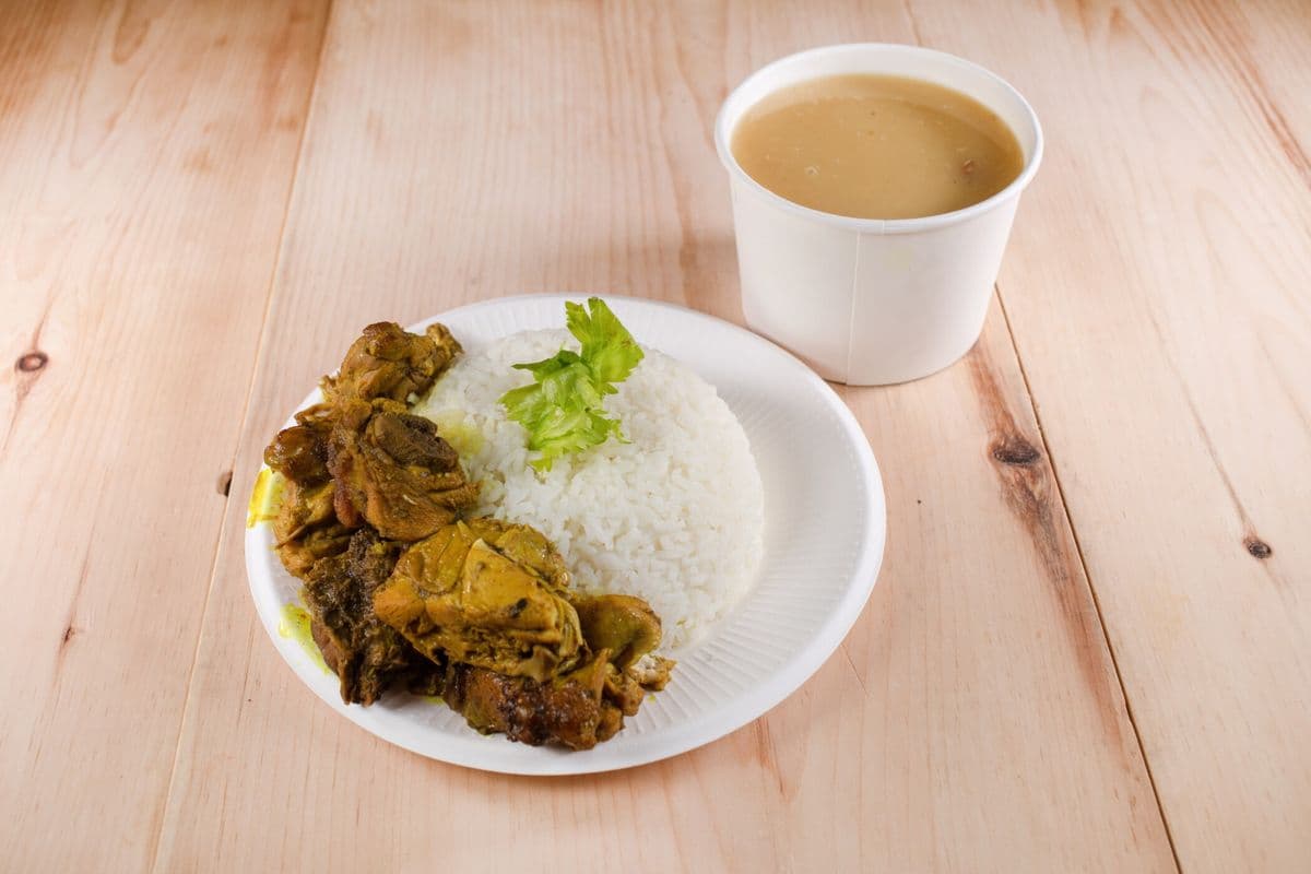 Large Dhal, White Rice and Curry Chicken