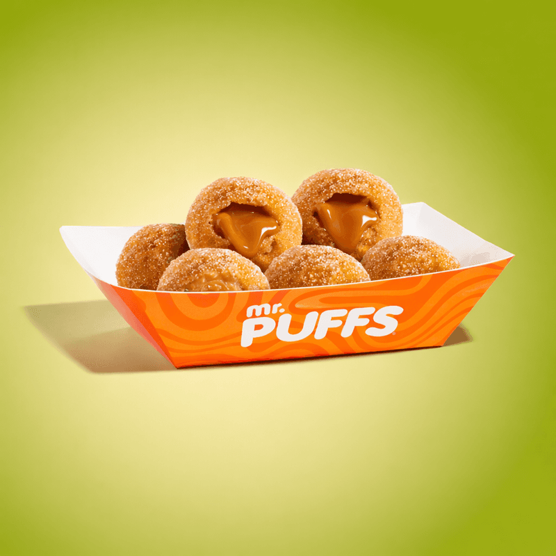 6 SALTED CARAMEL STUFFED PUFFS COVERED WITH CINNAMON SUGAR / 6 CARAMEL SALÉ PUFFS FARÇIS COUVERT AVEC SUCRE CANNELLE