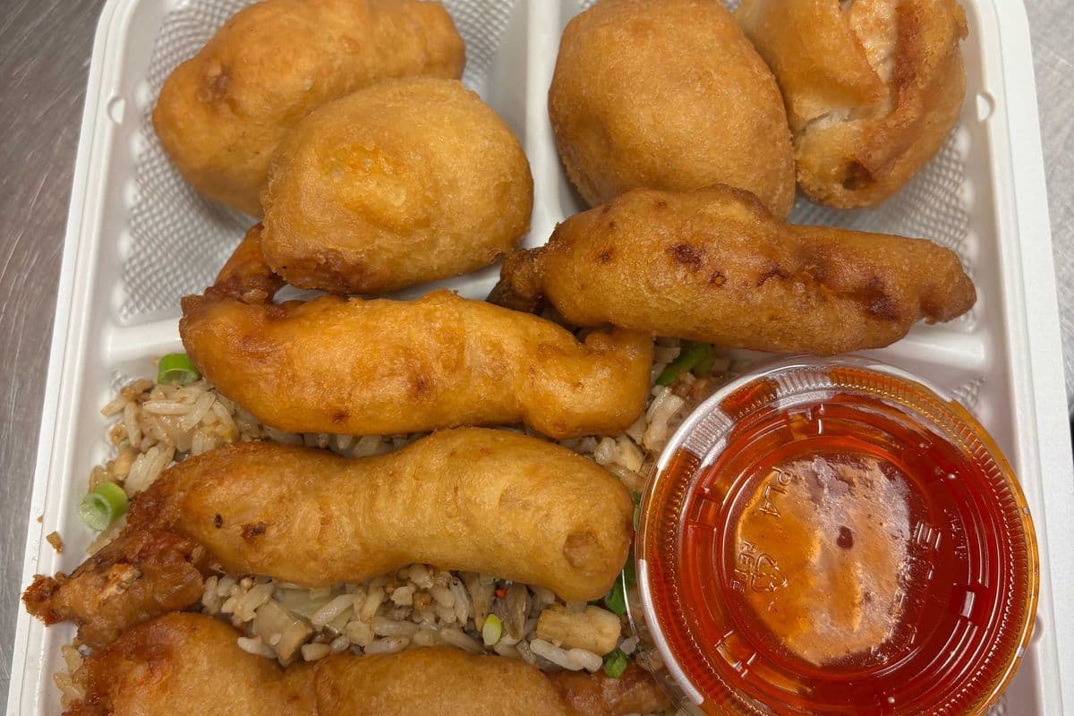 8. Sweet-and-Sour Chicken Balls, Sweet-and-Sour Shrimp, and Chicken Fried Rice