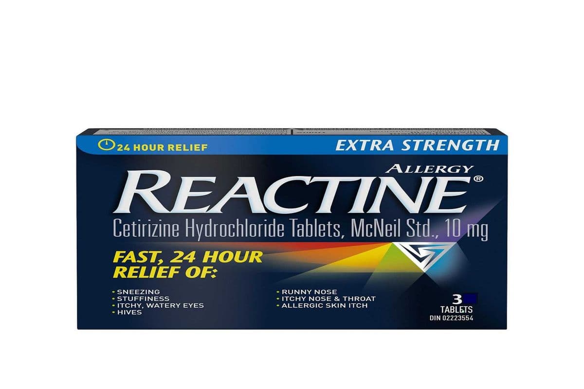 Reactine Extra Strength Antihistamine Tablets - 10mg Cetirizine Hydrochloride - 24 Hour Allergy Relief Medicine (3 Tablets) (10 mg)