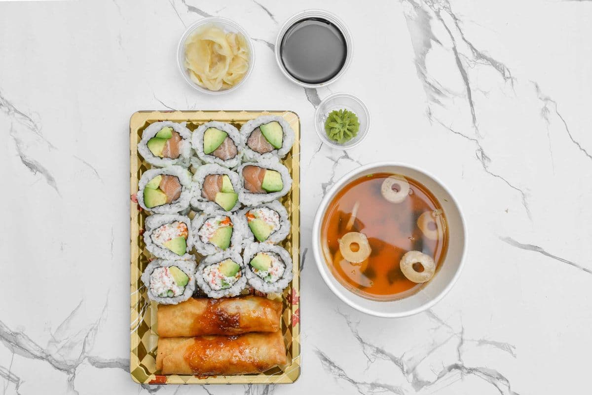 01. California Roll 6pcs, Salmon Avocado Roll 6pcs, Vege Spring Roll 2pcs, and 1 Miso Soup