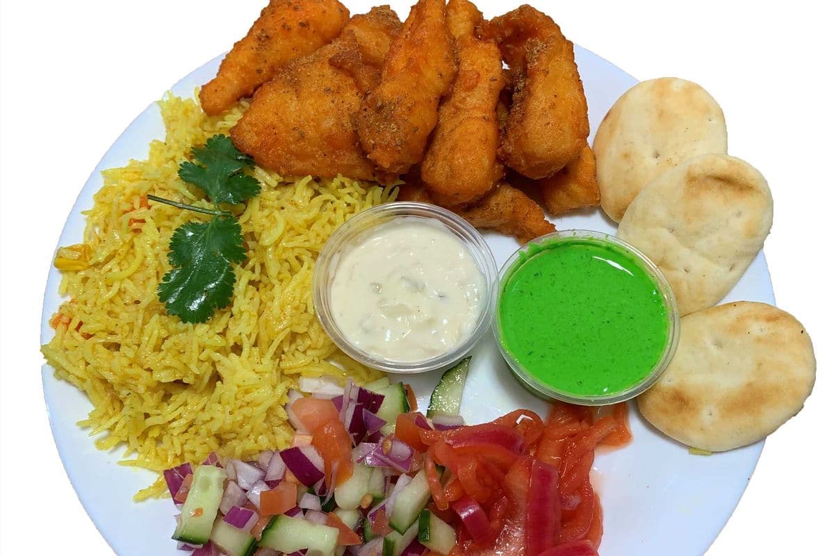 Fish Pakora Rice Bowl with Mini Naan