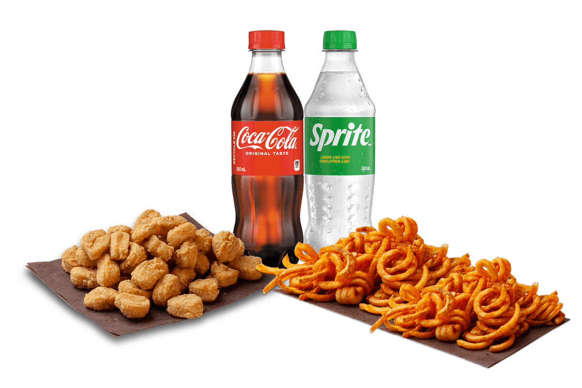 Popcorn Chicken (Small) + Big Box Curly Fries + 2 500ml Pop