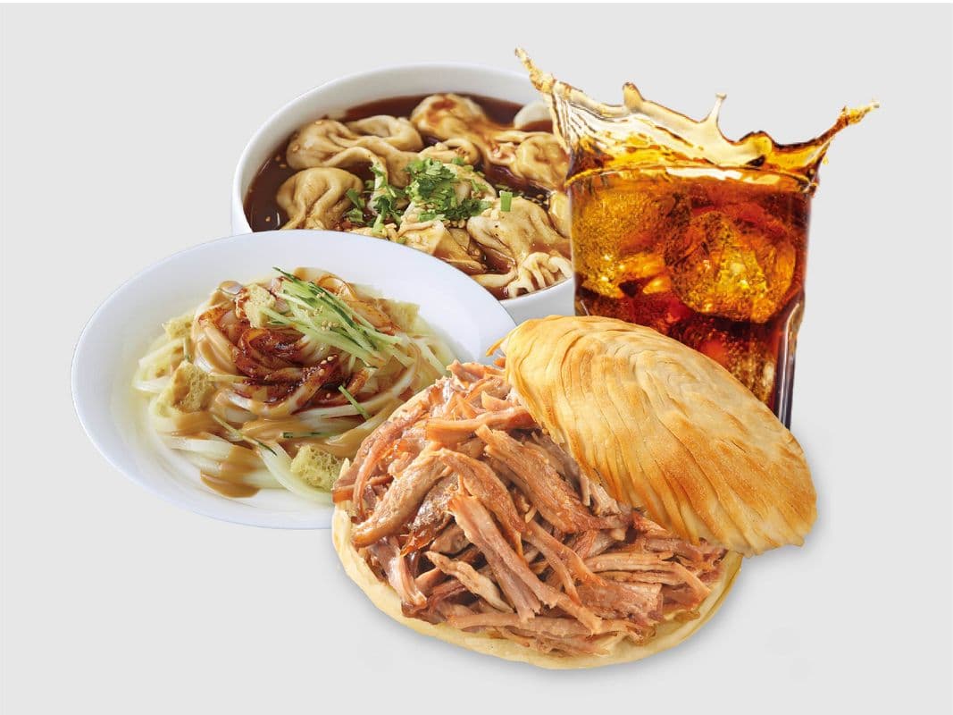 Crispy Burger + Chili Oil Wonton + "LiangPi" Cold Noodle + Drink (Special Combo) / 肉夹馍+红油小馄饨+凉皮+饮料(特惠套餐)