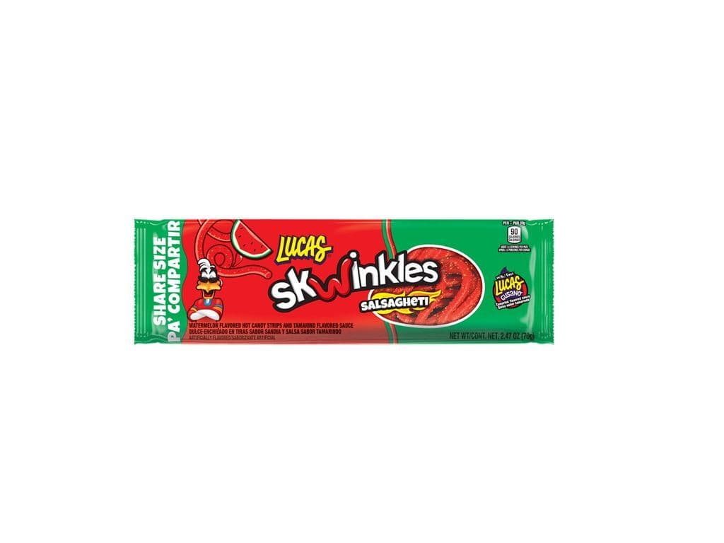 Lucas Skwinkles Salsagheti Watermelon Hot Gummy Candy Strings with Tamarind Sauce 70g Mexican Candy