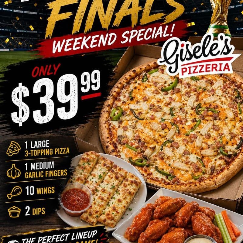 Large 3 toppings pizza with Medium garlic cheese fingers and 10 pcs of wings