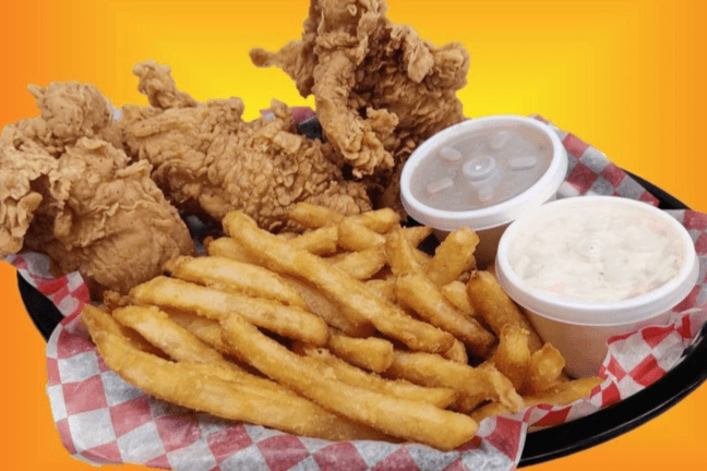 Three Pieces of Chicken Breast with Fries, Gravy and Salad