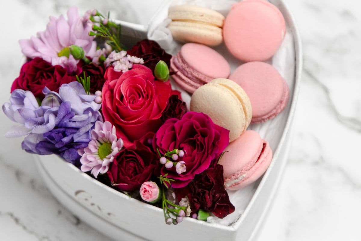 Flowers & Macarons in a Heart-Shaped Box