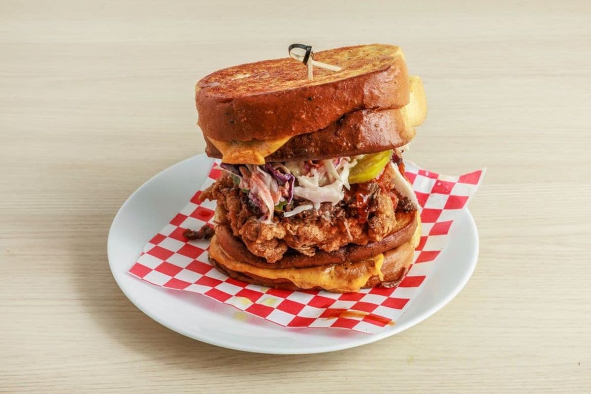 Deluxe Hot Chicken and BBQ Beef Brisket Sando