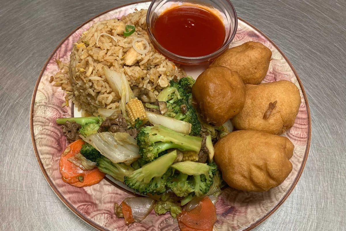 7. Sweet-and-Sour Chicken Balls, Beef with Mixed Greens, and Chicken Fried Rice
