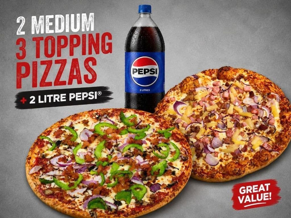 2 Medium 3 Toppings Pizza + 2 Liter
