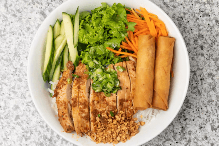 29. Grilled Lemongrass Chicken, and Spring Roll Vermicelli - Bun Ga Nuong Sa, Cha Gio