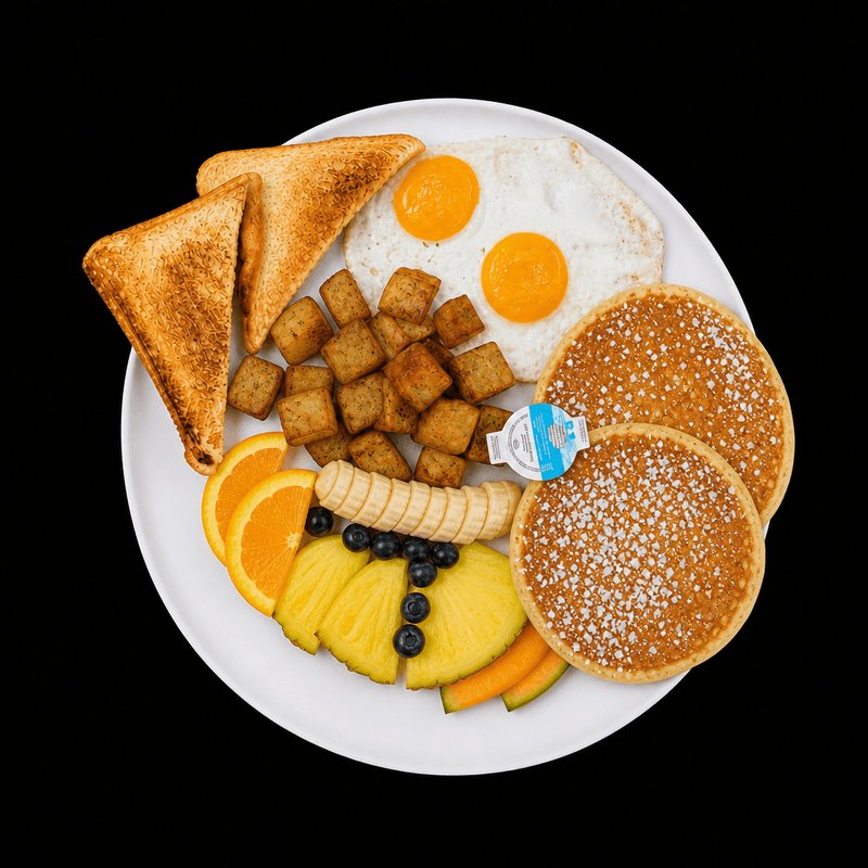 Deux (2) oeufs (2) crêpes ou pain doré / Two (2) eggs, two (2) pancakes or french toast