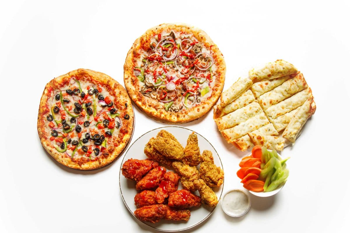 Two X-Large Three-Toppings Pizzas with wings and Side Breads