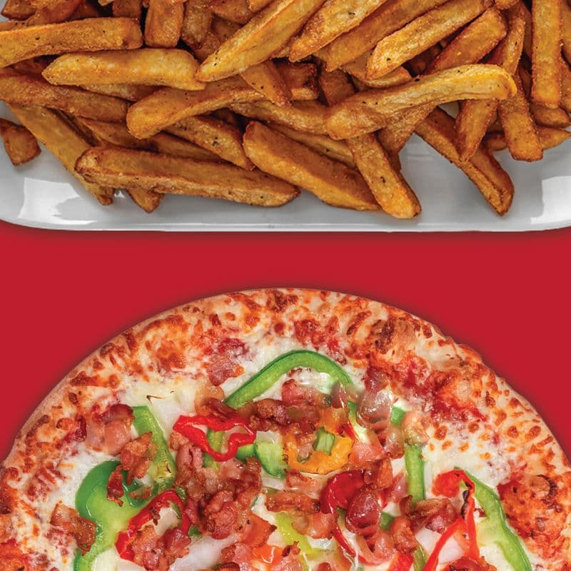 Pizza Moyenne + Frite ou 2 boissons / Medium Pizza + Fries or 2 drinks