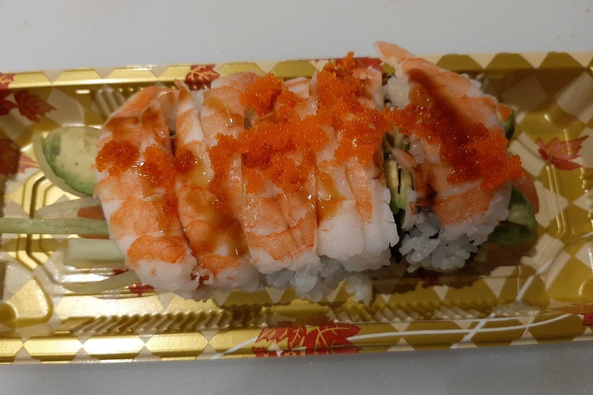 84. Maple Ridge Roll(Salmon, Tuna, Avocado, Cucumber, Crab Salad, Topped with Sushi Ebi+Unagi Sauce&Tobiko)