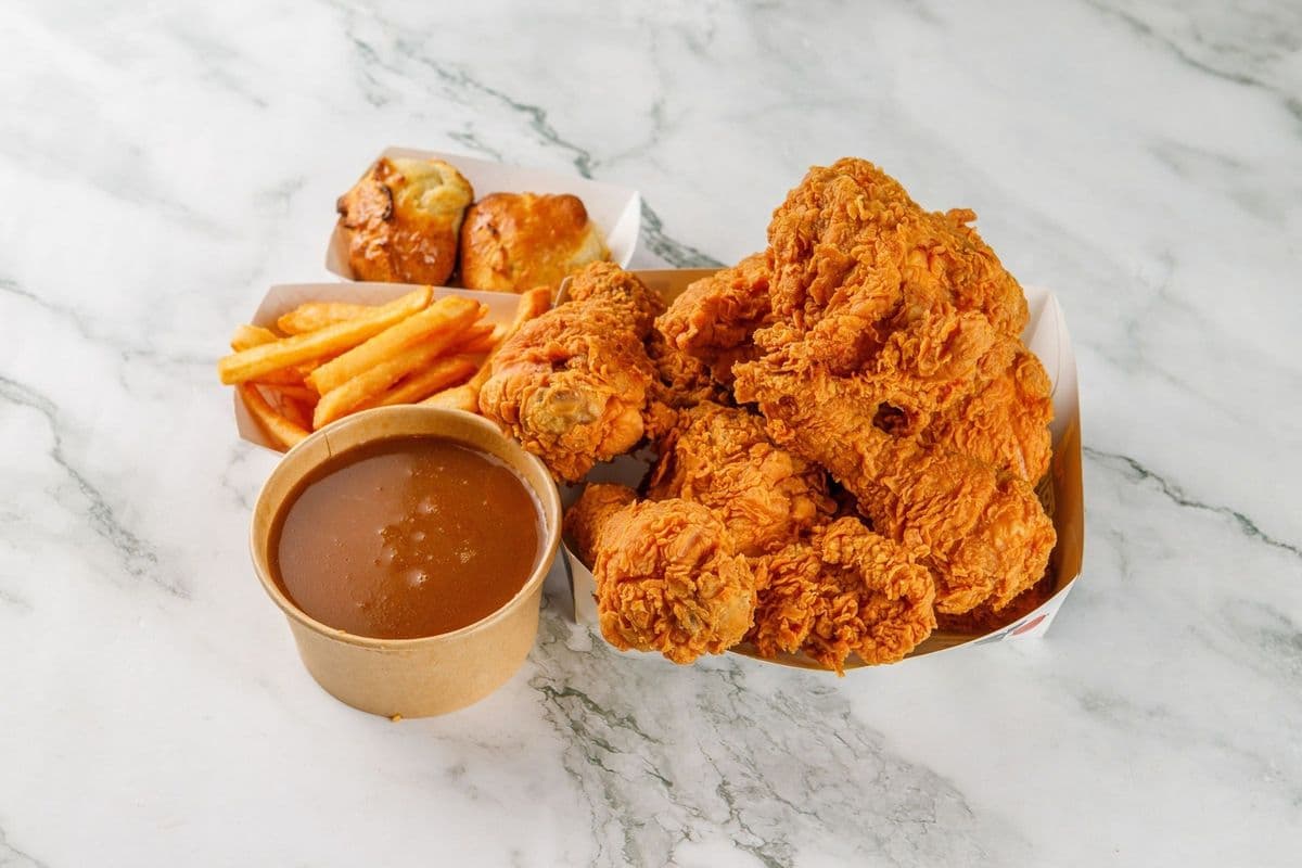 Dark (6 pcs), One Medium Gravy, One Medium Fries, and Two Free Biscuits