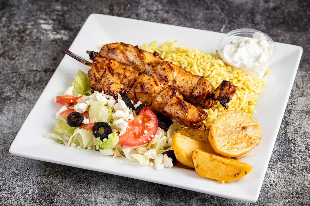 Souvlaki Rice Platter with Greek Salad and Roast Potatoes (large portion)