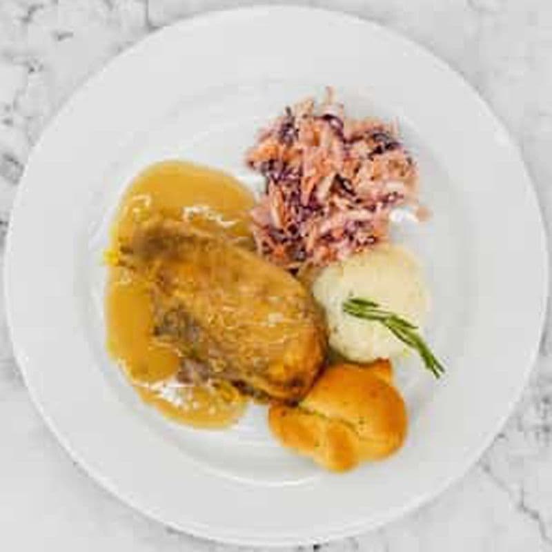 Rotisserie Chicken, Buttermilk Mashed Potato, Coleslaw, Gravy