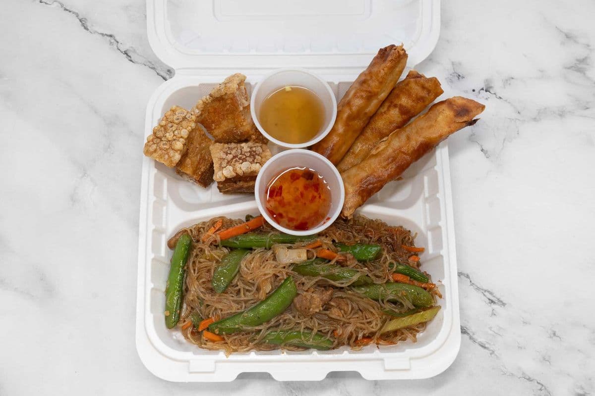 Pancit with Lumpia and Lechon Kawali