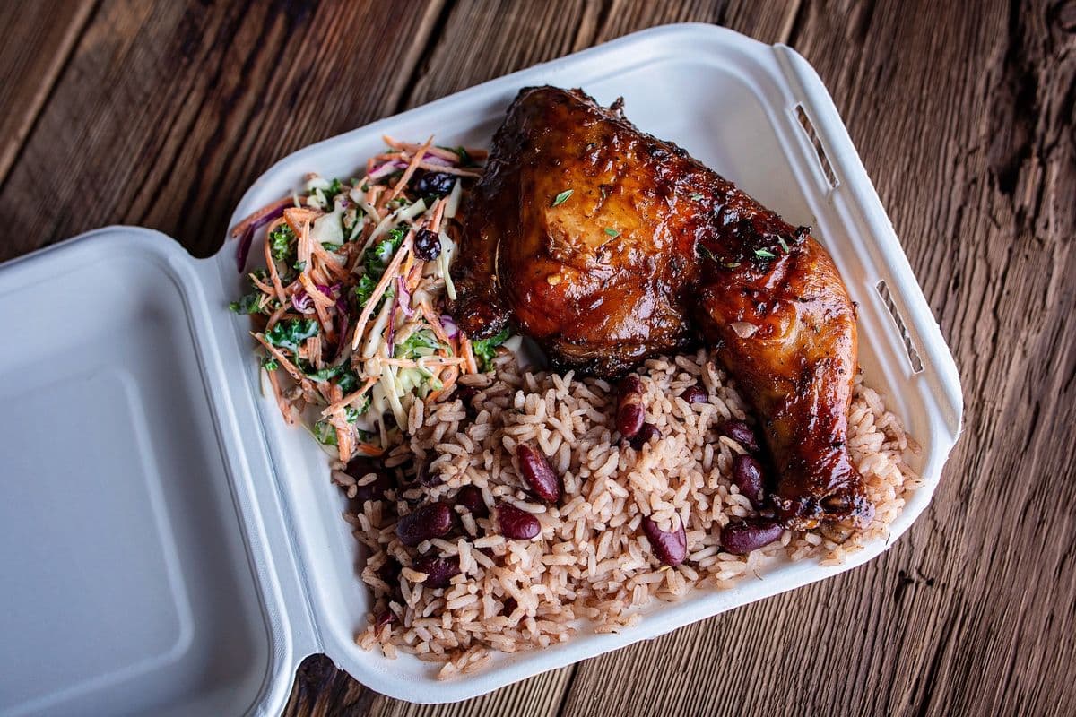 Jerk Chicken with Kale Slaw, Rice and Peas