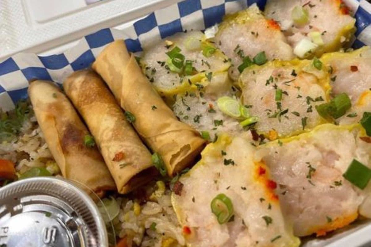 Nicky's Deluxe Fried Rice with Lumpia and Seafood Siomai