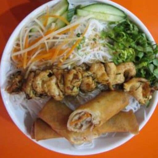 V2. B.B.Q Meat Skewer and Spring Rolls on Vermicelli